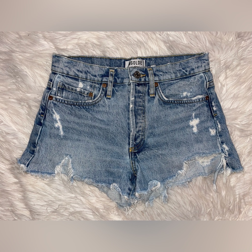 AGOLDE premium denim shorts women’s 24 Jean distressed button fly raw hem agolde